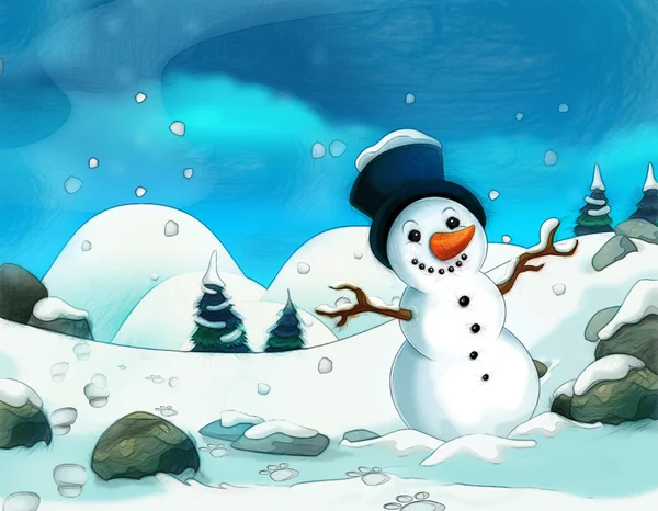 Cartoon scene with a snowman - with footsteps - background for different fairy tales — Stock Photo, Image