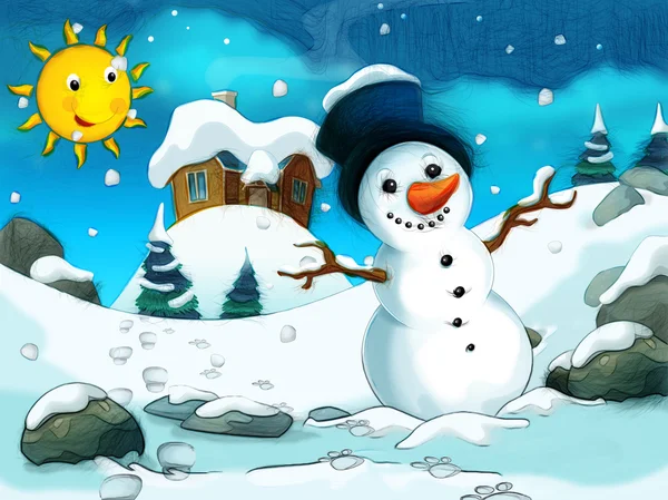 Cartoon scene with a snowman - with footsteps - background for different fairy tales — Stock Photo, Image