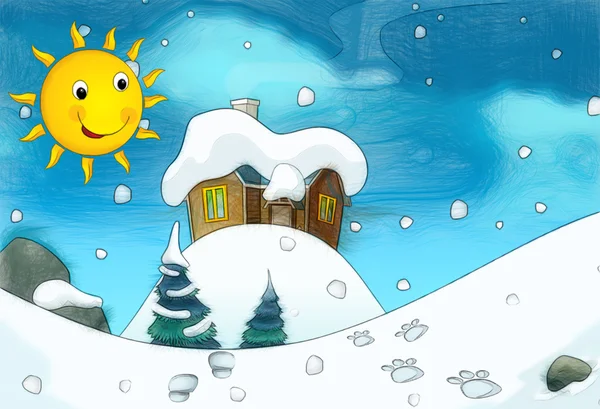 Cartoon winter background - with footsteps - scene for different fairy tales — Stock Photo, Image