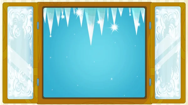 Kreslené scény s počasím v ledu okno - zimní- — Stock fotografie
