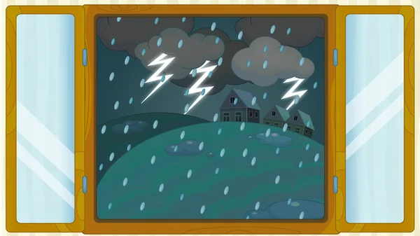 Kreslené scény s počasím v okně - bouřlivé - hromů — Stock fotografie