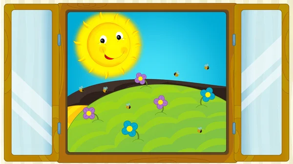 Sceny kreskówki z pogodą w oknie - słoneczna łąka — Zdjęcie stockowe