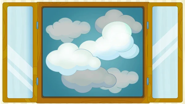 Çizgi film sahne ile pencere - bulutlu şehrinde hava durumu — Stok fotoğraf