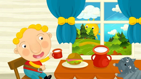 Chico de dibujos animados comiendo en el comedor —  Fotos de Stock