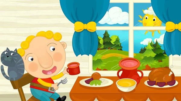 Chłopiec kreskówka jedzenie w jadalni — Zdjęcie stockowe