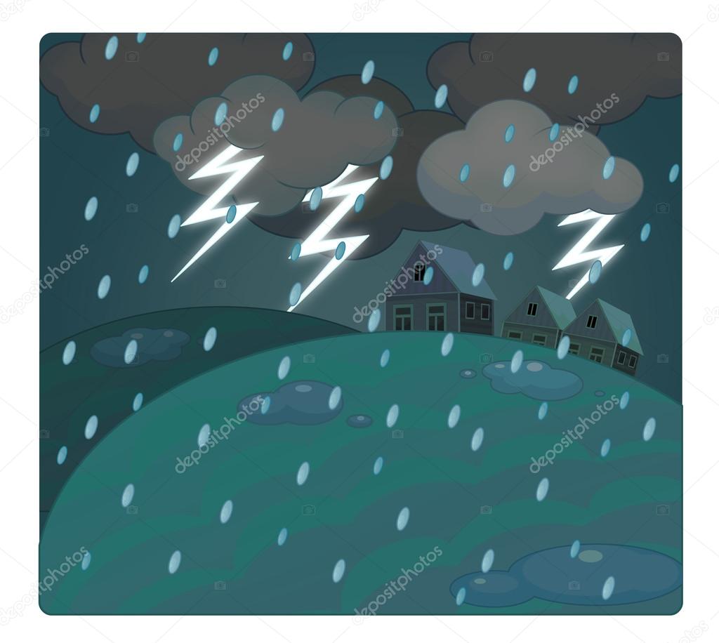 Cartoon scene with weather - storm over the village - thunders