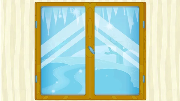 Escena de dibujos animados con el tiempo en la ventana - invierno - hielo — Foto de Stock