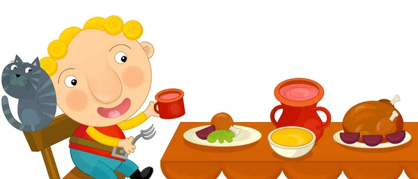Cartoon jongen eten door de tabel - geïsoleerd — Stockfoto