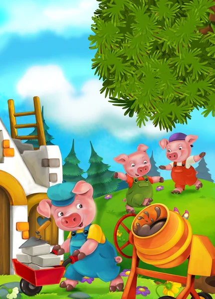 Dibujos animados escena de cuento de hadas con cerdos haciendo diferentes cerdos —  Fotos de Stock