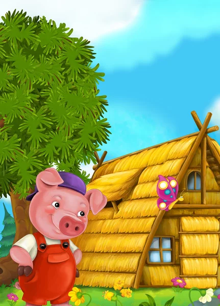 Cartoon fairy tale scene with pig working on its house — Stock Photo, Image