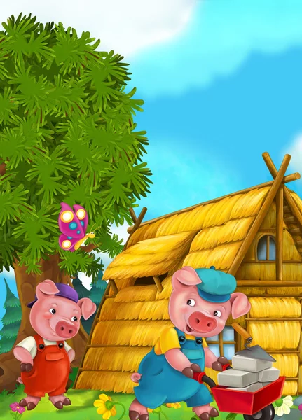 다른 일을 하는 돼지와 함께 만화 동화 장면 — 스톡 사진
