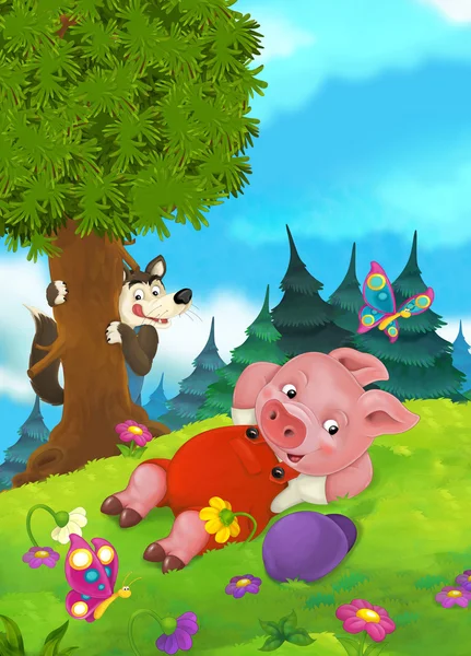 Cena de conto de fadas dos desenhos animados com porcos fazendo porcos diferentes — Fotografia de Stock