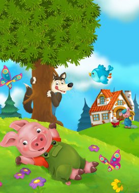 Cartoon fairy tale scene with pigs doing different things clipart