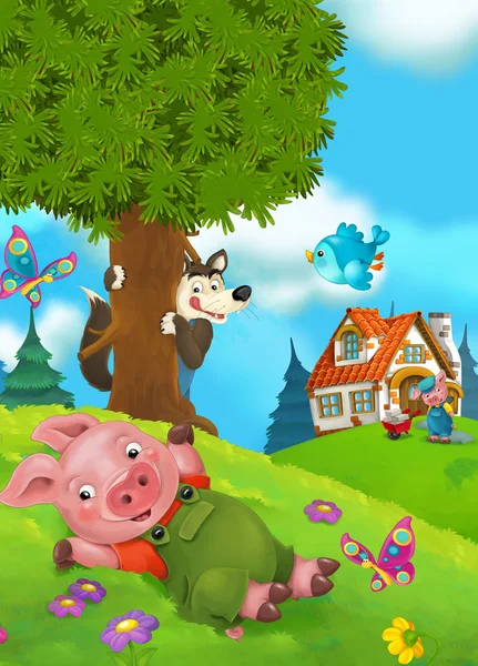 Kreskówka bajka scena ze świń robi różne rzeczy — Zdjęcie stockowe