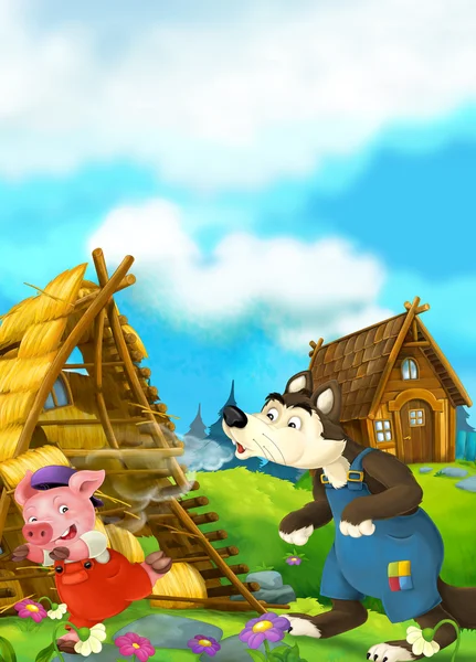 Cartoon scene of house being demolished - wolf puffing and pig running — Stock Photo, Image