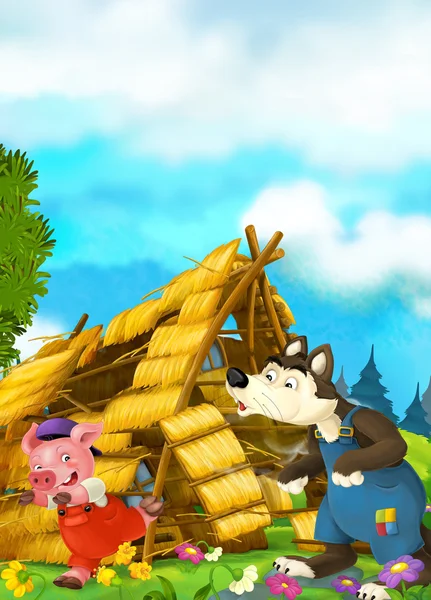 Cartoon scen av huset att rivas - wolf pustande och gris kör — Stockfoto