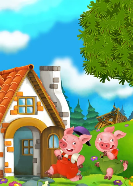 Cartoon scène van twee lopende varkens naar het huis van hun broer — Stockfoto