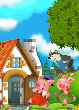 Cartoon fairy tale scene with pigs - illustration for children clipart