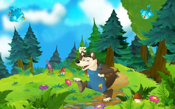 Desenhos animados cena de conto de fadas com lobo — Fotografia de Stock