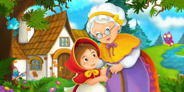 Çizgi film sahnesinde bir torunu ve büyükannesi forest yakınındaki eski evi tarafından ayakta