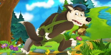 Çizgi film sahne holding pantolon kaçmak kurt