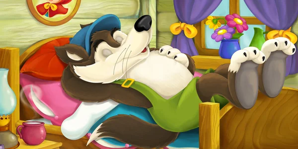 Cena dos desenhos animados de um lobo preguiçoso dormindo em uma cama — Fotografia de Stock