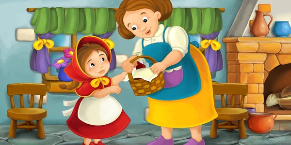 卡通场景的母亲或祖母和一个小孩在厨房 — 图库照片