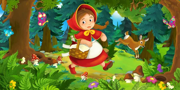Cena dos desenhos animados em uma menina feliz andando pela floresta — Fotografia de Stock