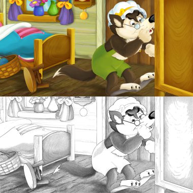 Çizgi film sahne kurt odasında sayfayı renklendirme ile eski ahşap-