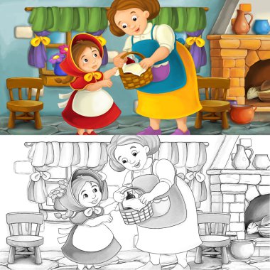 Bir anne ya da büyükanne mutfakta bir çocukla - sayfa boyama ile çizgi film sahne