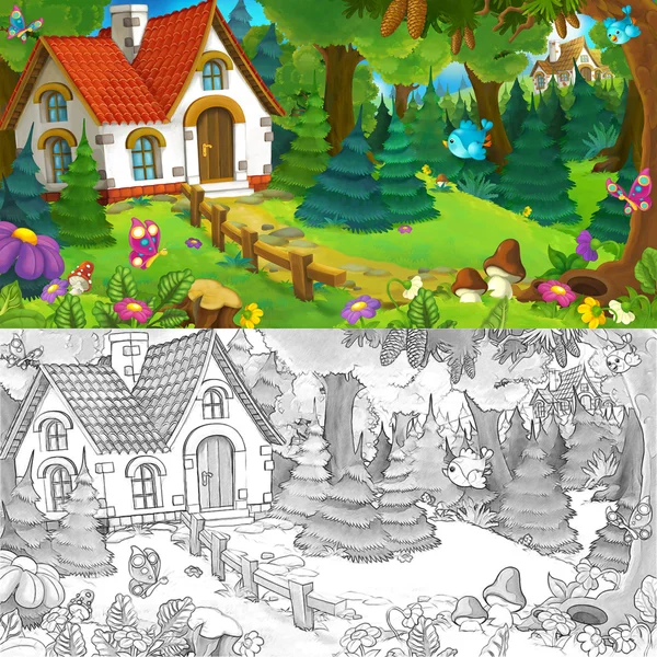 Cartoon background of an old house in the forest — Stock Photo, Image