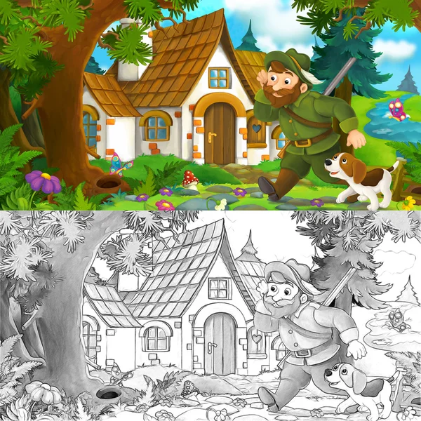 Cena dos desenhos animados com um caçador caminhando em direção a bela casa velha com seu cão - com página para colorir — Fotografia de Stock