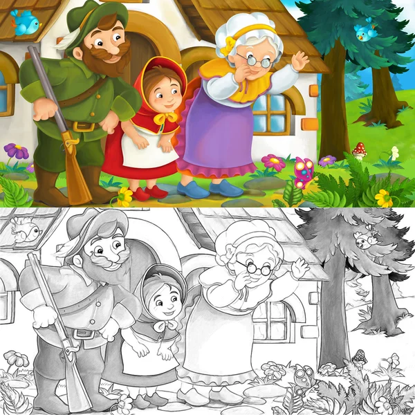 Scena del cartone animato di una nonna bambina e un ranger vicino alla casa nella foresta - con pagina da colorare — Foto Stock