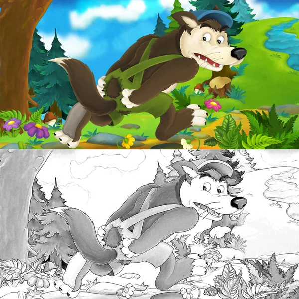 Cena de desenhos animados de lobo fugindo segurando calças - com página de coloração — Fotografia de Stock