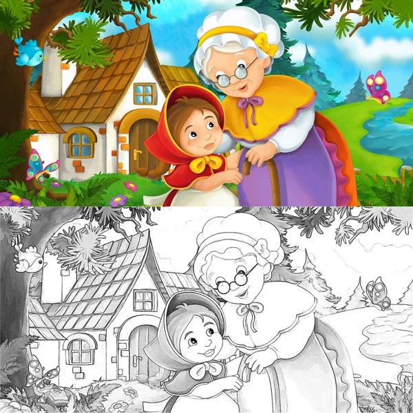 Cartoon scene child with grandmother standing near the house - illustration for children — Stock Photo, Image