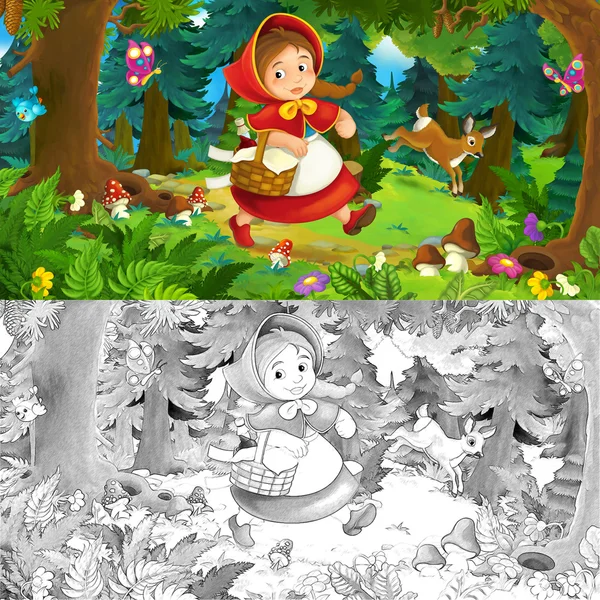 Мультфильм-сцена о счастливой девушке внутри цветного леса - с раскраской страницы — стоковое фото