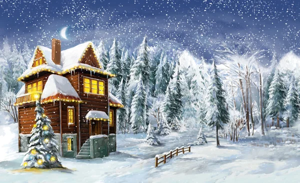 Natale inverno scena felice - illustrazione per i bambini — Foto Stock