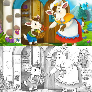 Sahne ile anne keçi sayfa boyama ile çocuğunu - konuşuyor karikatür