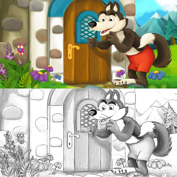 Cartoon scene of a wolf standing near the door — Stock Photo, Image