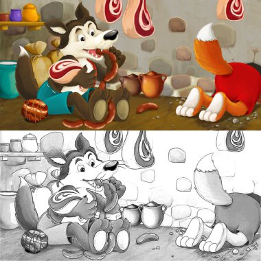 Fox ve sayfa boyama ile Bodrum - yiyecek çalmak kurt çizgi film sahnesi