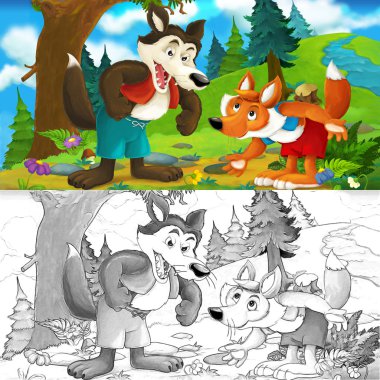 Çizgi film sahne Fox ormanda konuşan bir kurt