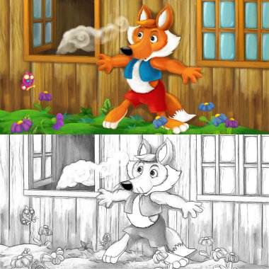 Çizgi film sahne biraz yiyecek çalmak için evine gizlice bir kurt