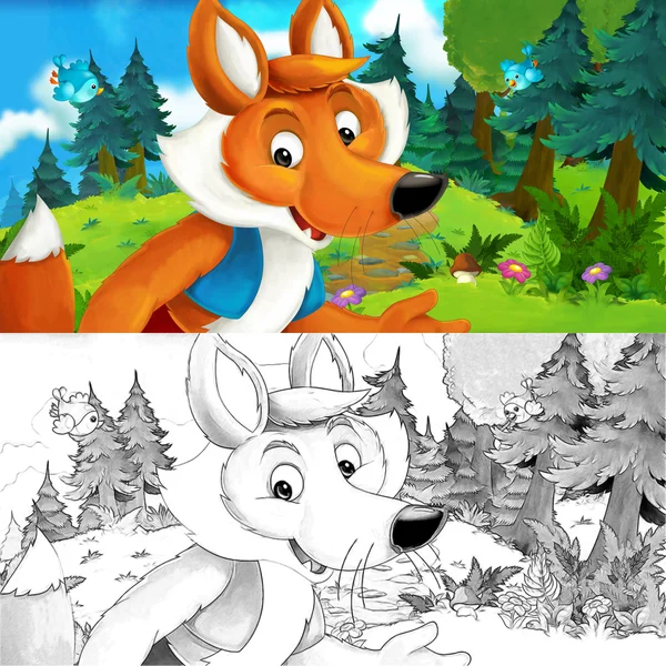 Cena dos desenhos animados de uma raposa feliz de pé e assistindo - com página para colorir — Fotografia de Stock