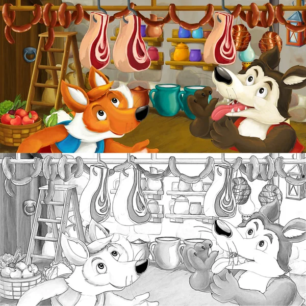 Escena de dibujos animados de zorro y lobo robando comida del sótano — Foto de Stock
