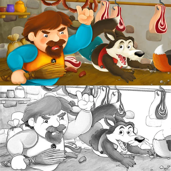 Scena kreskówka mężczyzna, który złowił Lis i wilk kradzież żywności, z spiżarnia — Zdjęcie stockowe