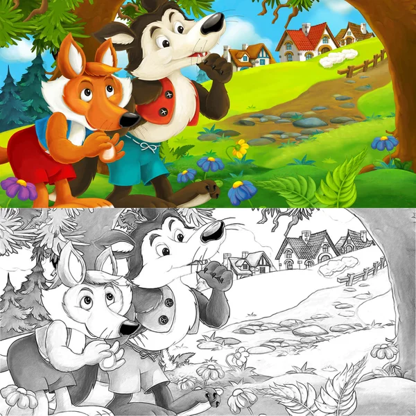 Scène de dessin animé d'un renard et d'un loup projetant de faire quelque chose près du village — Photo