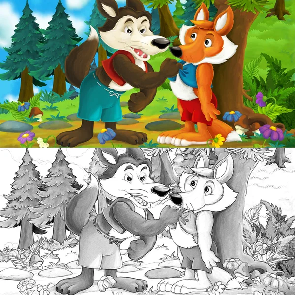 Мультфильм, где волк и лиса разговаривают друг с другом - волк угрожает лисе — стоковое фото