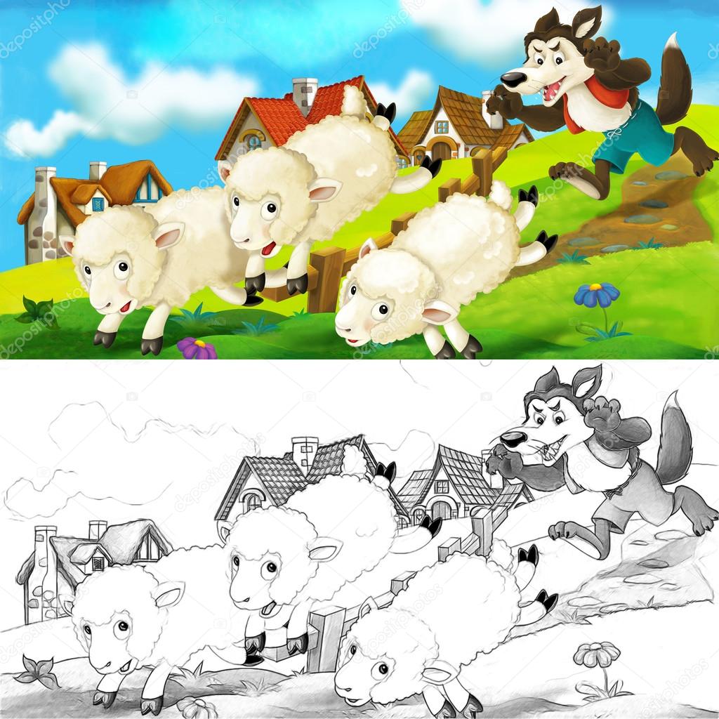 Illustrazione stock Scena del cartone animato di un lupo che cerca di  rubare una pecora dal branco di ©agaes8080 #108254272, image size:1024x1024