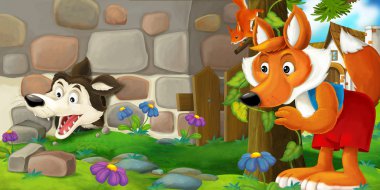 Çizgi film sahne duran ve bir kurt gibi izlerken kurt kendini duvara hapseden