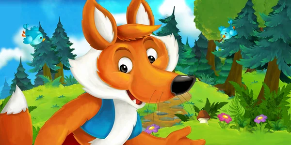 Cena dos desenhos animados de uma raposa feliz de pé e assistindo — Fotografia de Stock